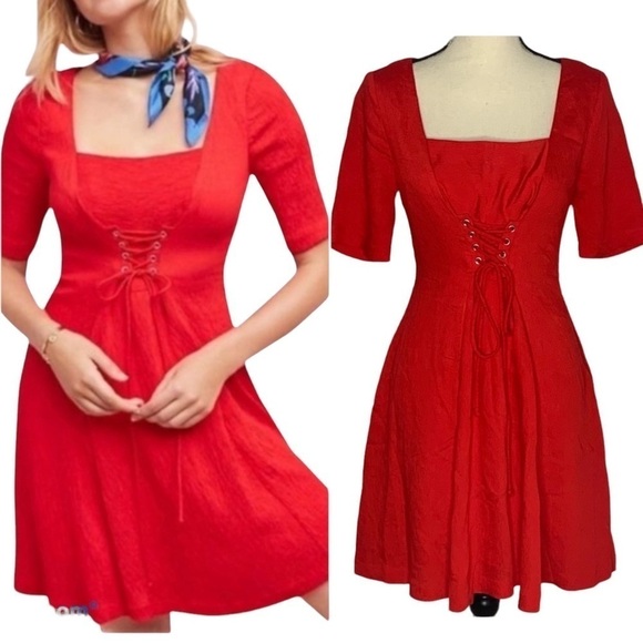 Anthropologie Maeve Red Corset Front Ribbed Textured A-Line Dress - Picture 1 of 15